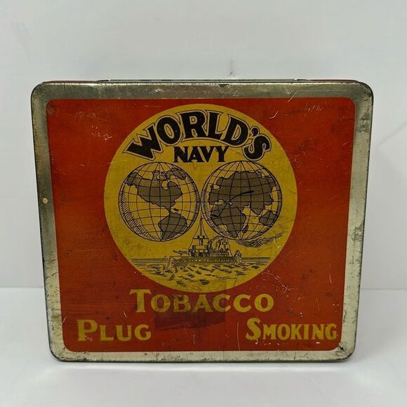 ANTIQUE~WORLD'S NAVY~PLUG SMOKING TOBACCO~3 LB. ADVERTISING LITHO TIN~QUEBEC - Picture 1 of 7